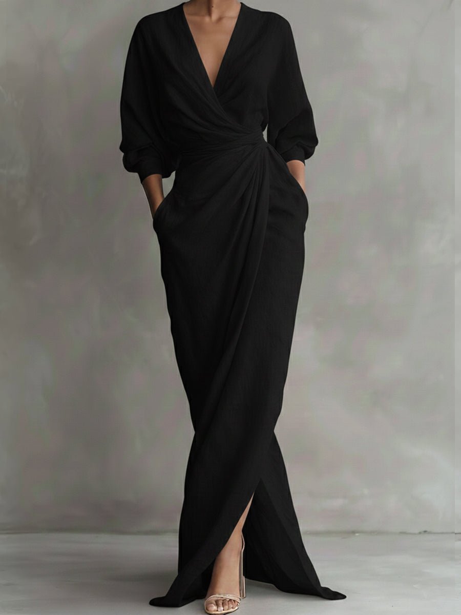 Damen Long Sleeve Dress Maxi Wickelkleid V-Ausschnitt 3/4-Ärmel - Schwarz