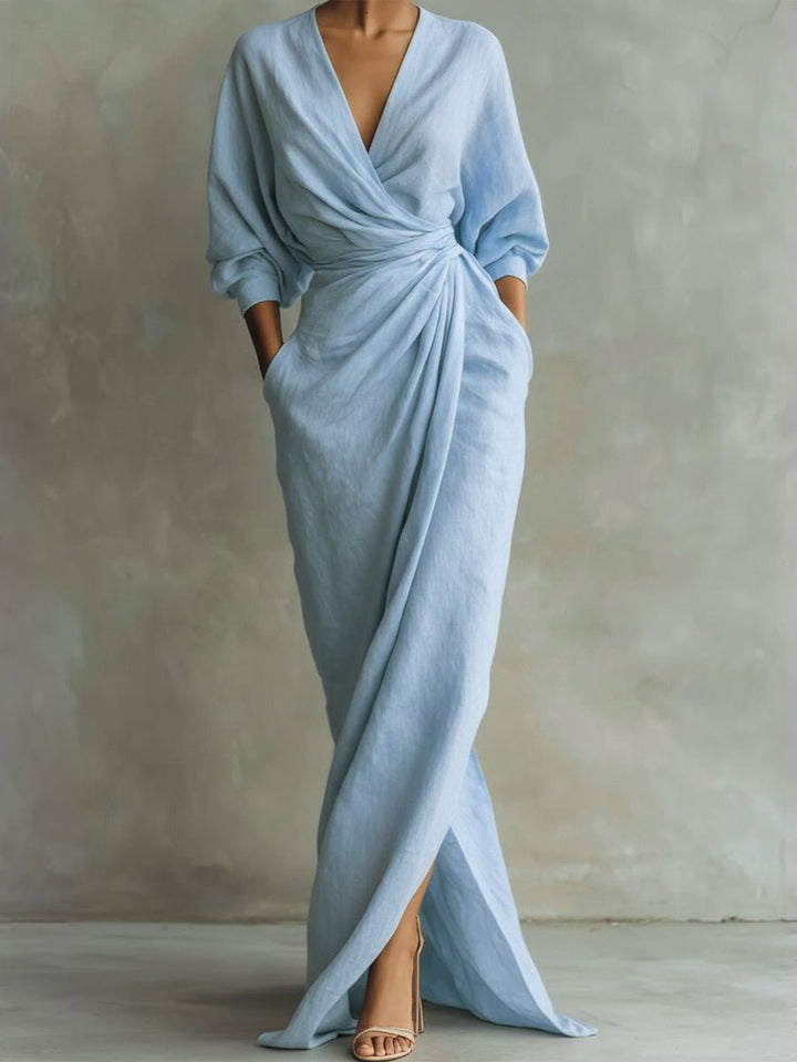 Damen Long Sleeve Dress Maxi Wickelkleid V-Ausschnitt 3/4-Ärmel - Hellblau