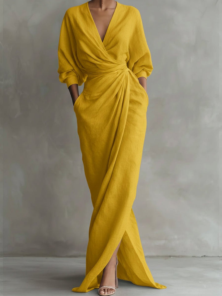 Damen Long Sleeve Dress Maxi Wickelkleid V-Ausschnitt 3/4-Ärmel - Gelb