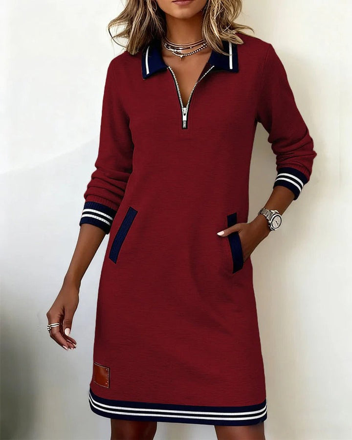 Damen Long Sleeve Dress Polokragen Reißverschluss Midi-Kleid Seitentaschen