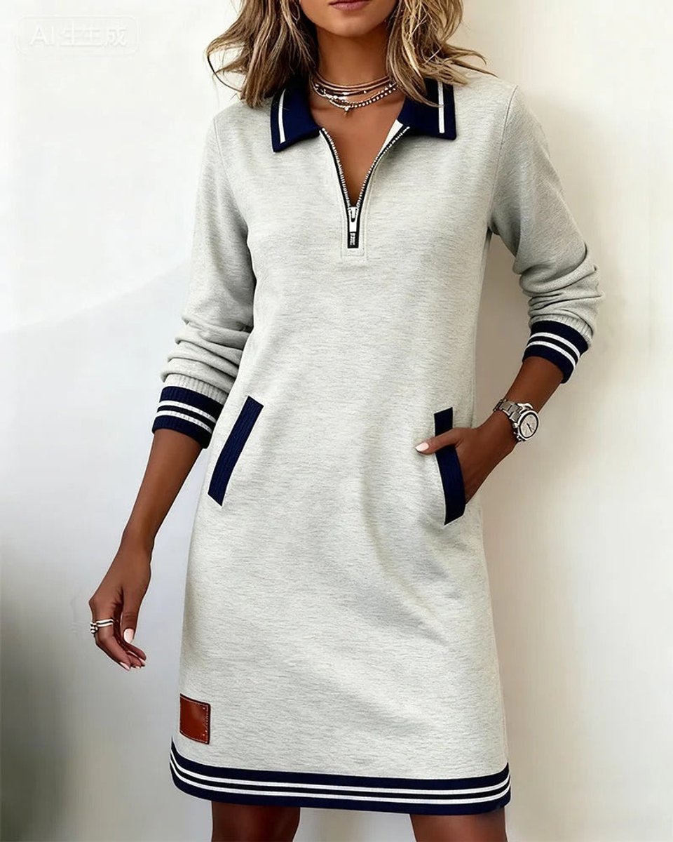 Damen Long Sleeve Dress Polokragen Reißverschluss Midi-Kleid Seitentaschen - Grau