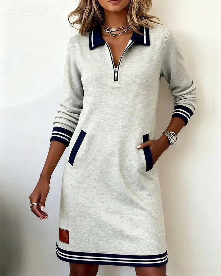 Damen Long Sleeve Dress Polokragen Reißverschluss Midi-Kleid Seitentaschen - Grau