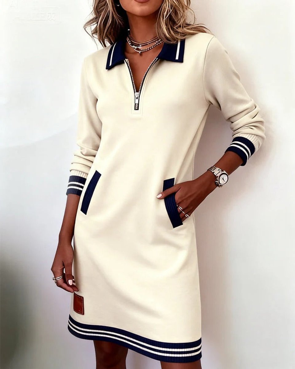 Damen Long Sleeve Dress Polokragen Reißverschluss Midi-Kleid Seitentaschen - Weiß