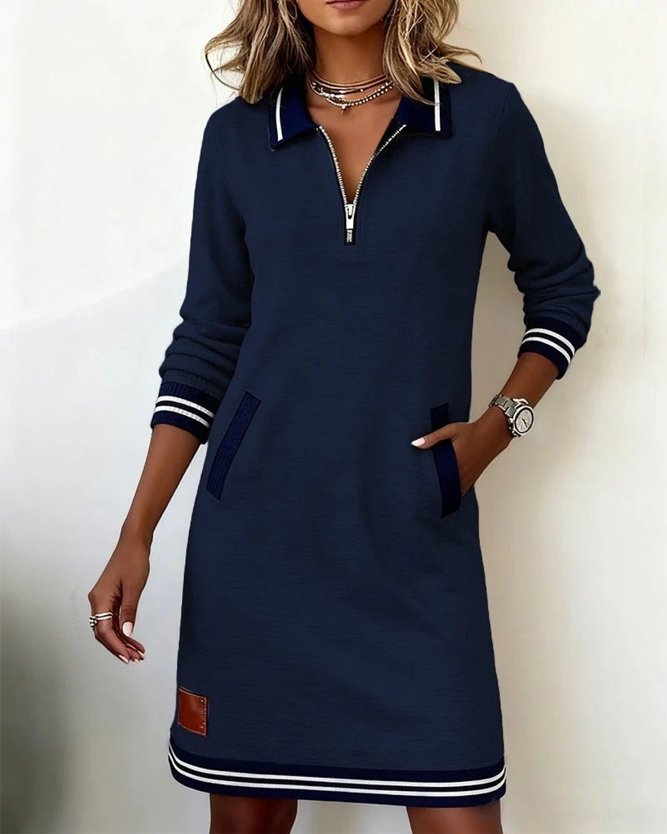 Damen Long Sleeve Dress Polokragen Reißverschluss Midi-Kleid Seitentaschen - Marineblau