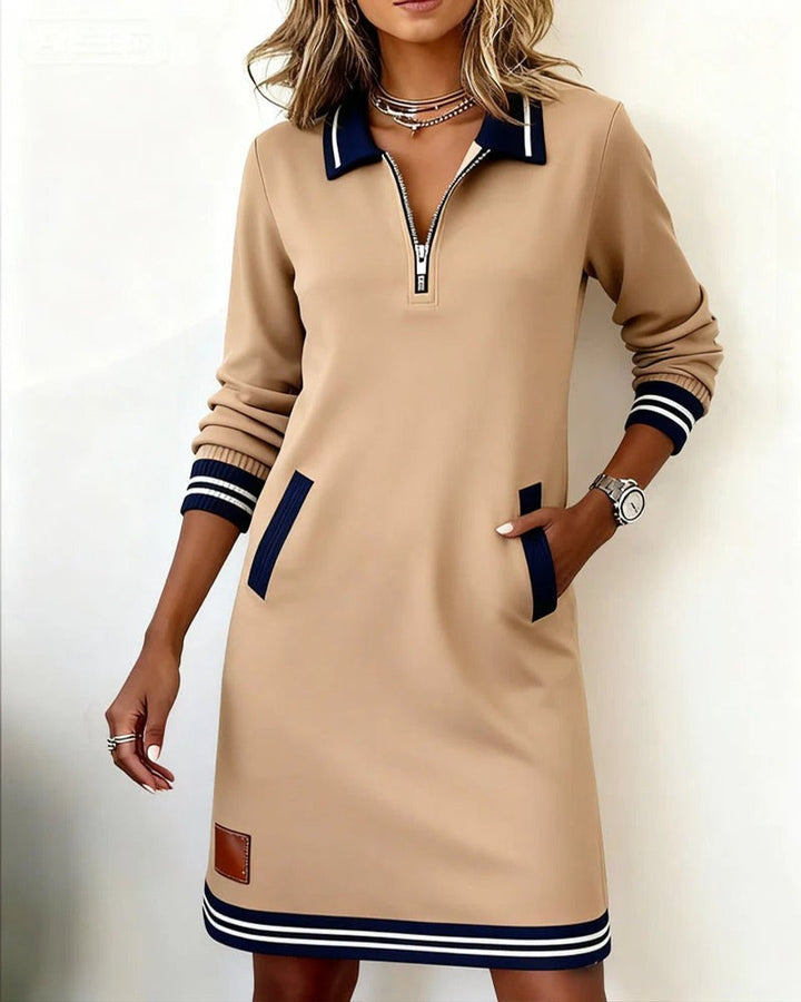 Damen Long Sleeve Dress Polokragen Reißverschluss Midi-Kleid Seitentaschen