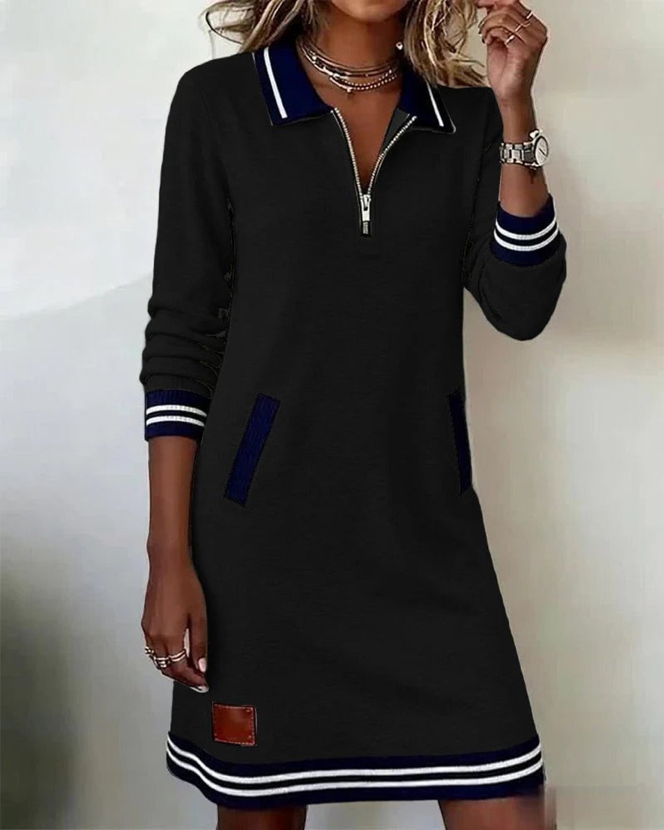 Damen Long Sleeve Dress Polokragen Reißverschluss Midi-Kleid Seitentaschen