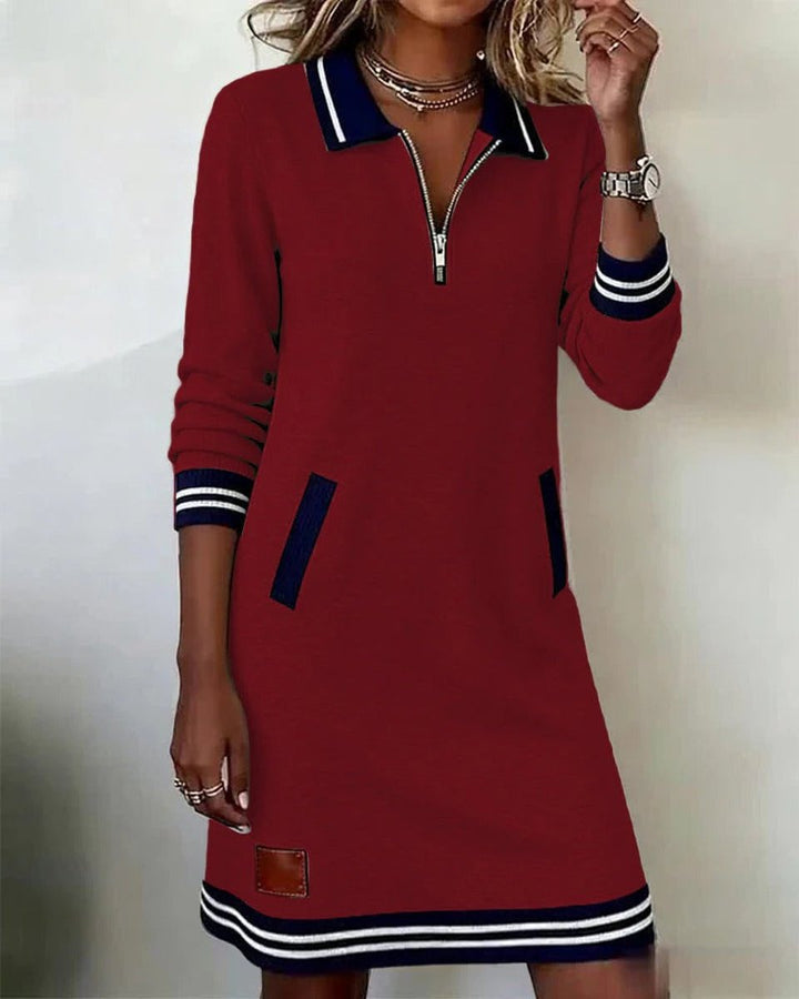 Damen Long Sleeve Dress Polokragen Reißverschluss Midi-Kleid Seitentaschen