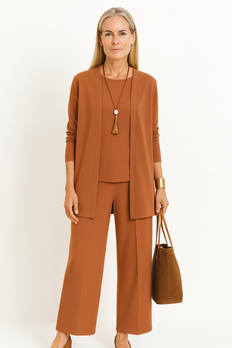 Damen Longline-Cardigan 3-teiliges Set Culotte Hosenanzug Elegant
