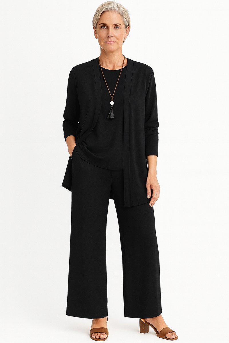 Damen Longline-Cardigan 3-teiliges Set Culotte Hosenanzug Elegant - Schwarz