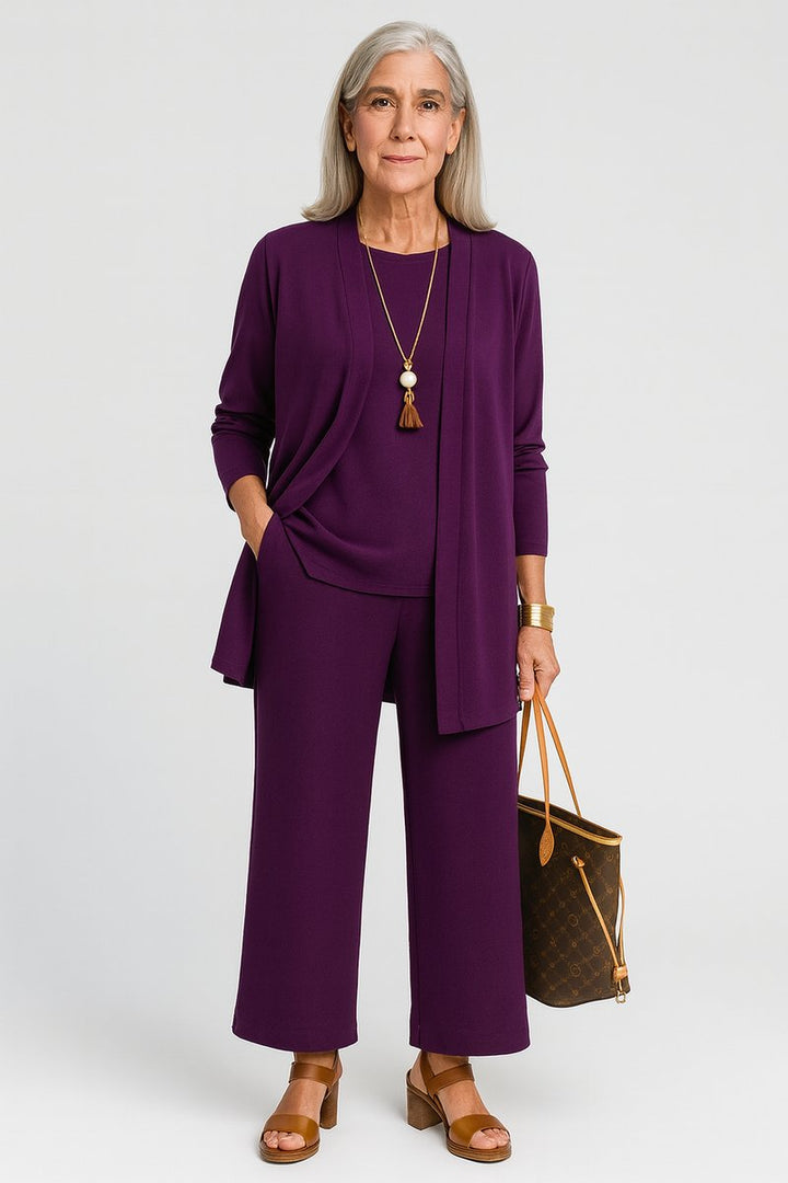 Damen Longline-Cardigan 3-teiliges Set Culotte Hosenanzug Elegant - Lila