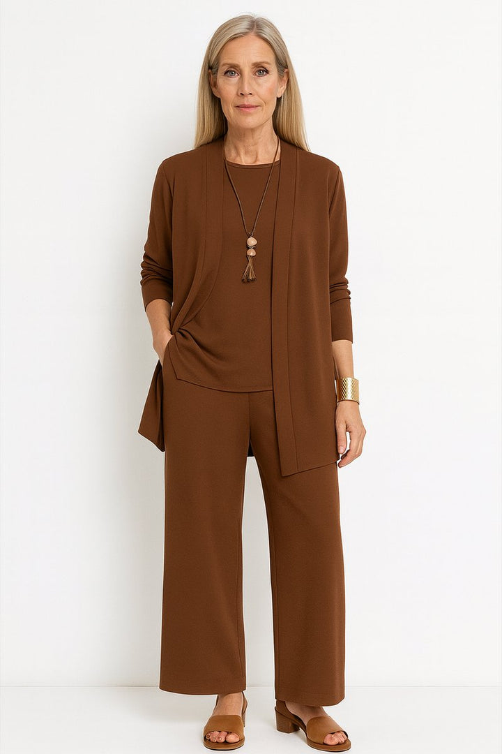 Damen Longline-Cardigan 3-teiliges Set Culotte Hosenanzug Elegant - Braun
