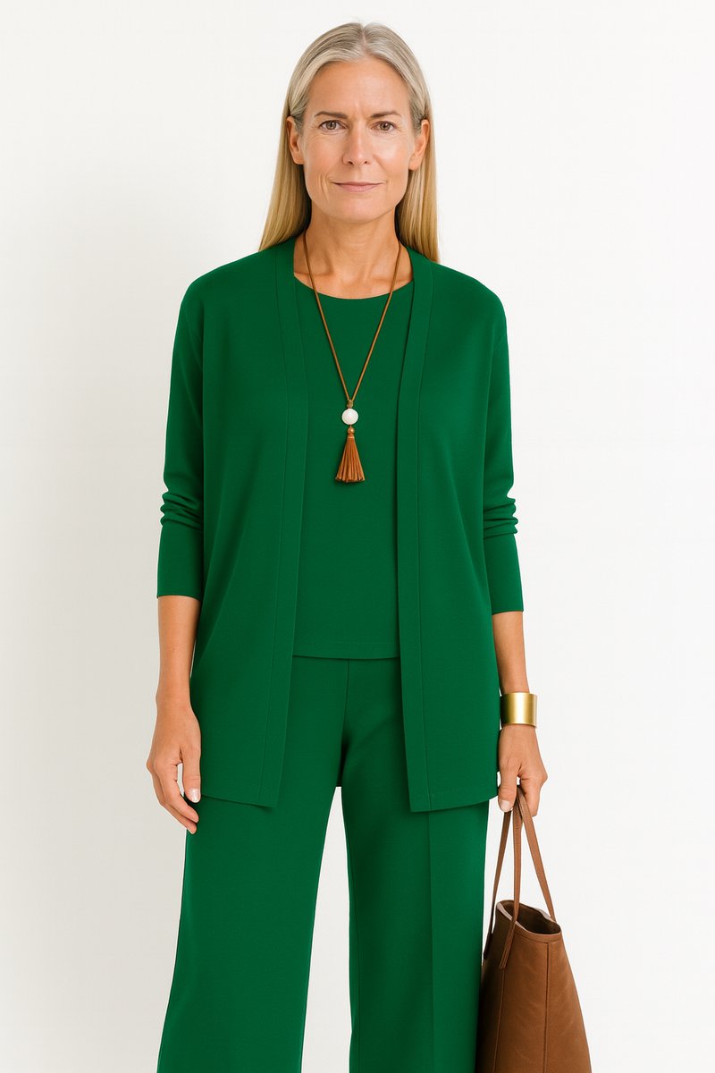 Damen Longline-Cardigan 3-teiliges Set Culotte Hosenanzug Elegant - Grün