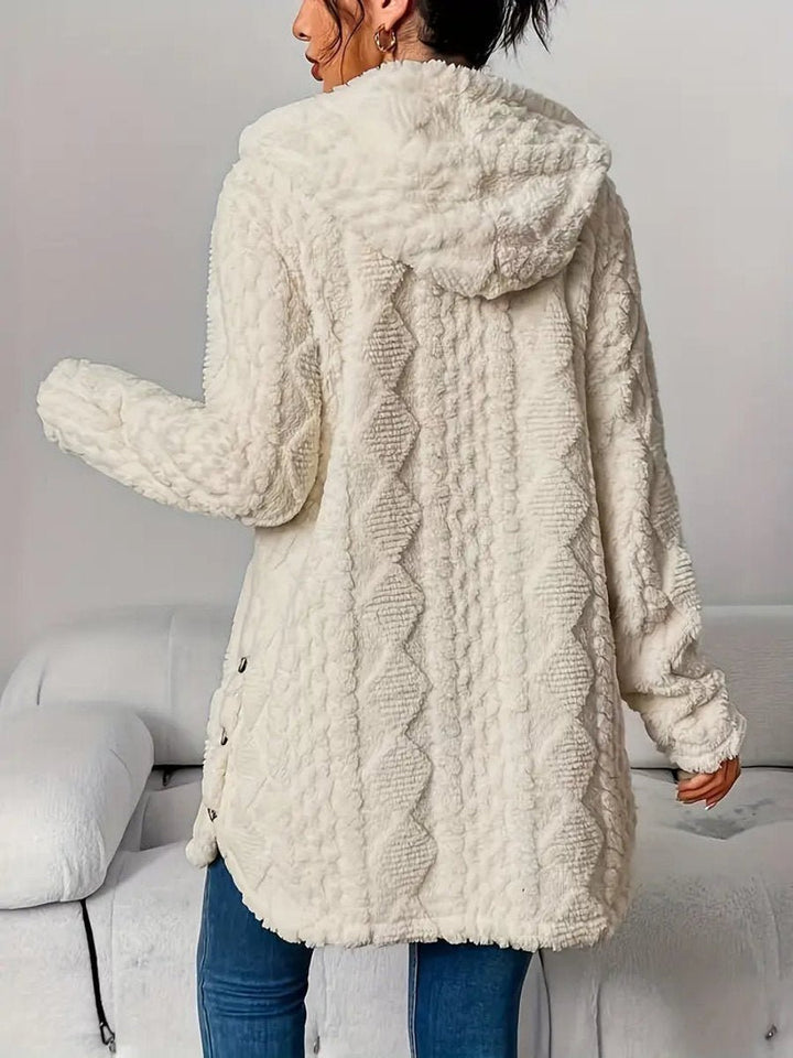 Damen Longline Cardigan mit Kapuze Plüsch Knopfleiste Oversized