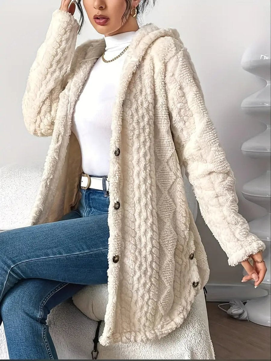 Damen Longline Cardigan mit Kapuze Plüsch Knopfleiste Oversized