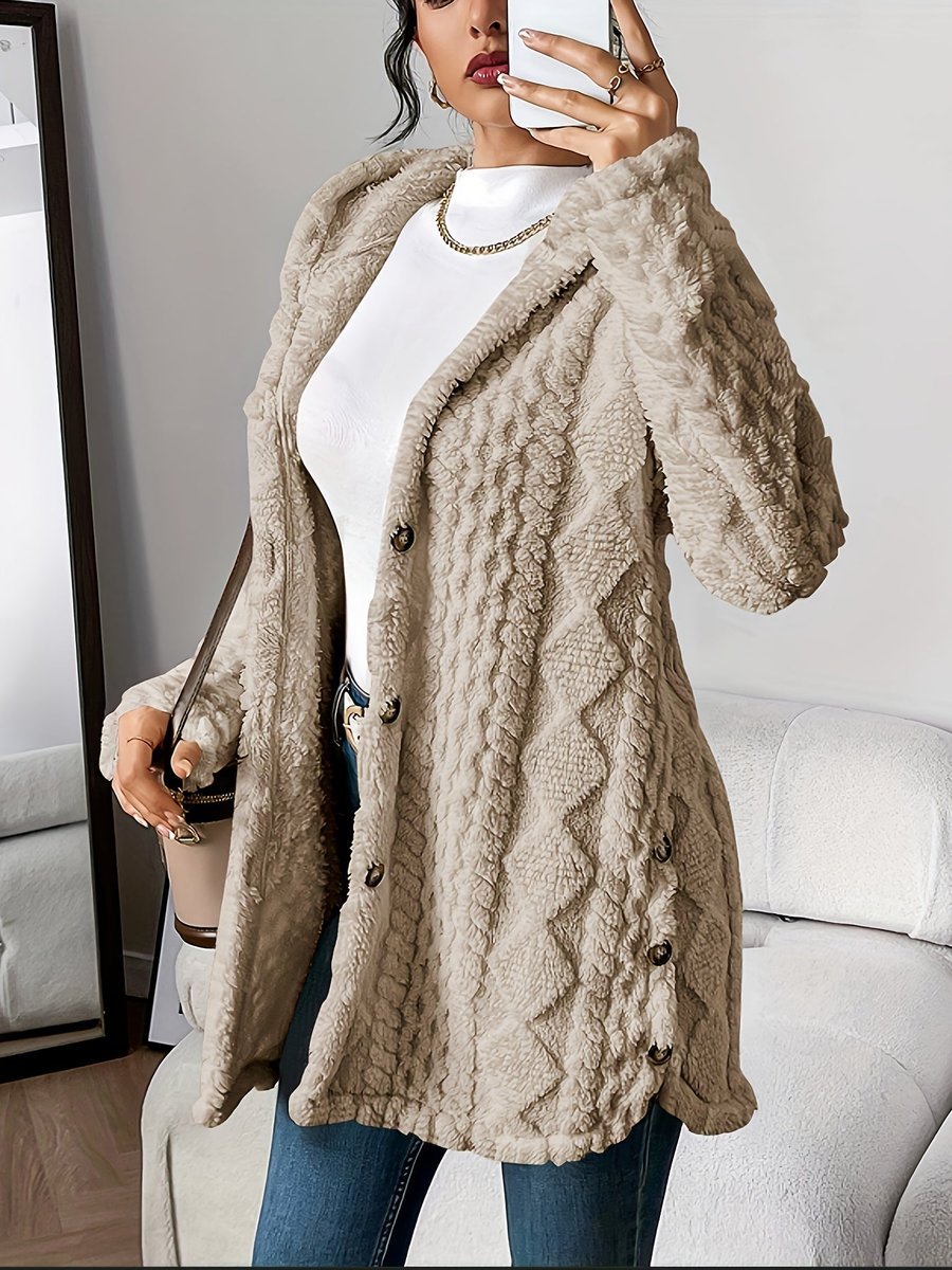Damen Longline Cardigan mit Kapuze Plüsch Knopfleiste Oversized - Khaki