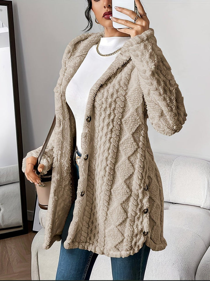 Damen Longline Cardigan mit Kapuze Plüsch Knopfleiste Oversized - Khaki