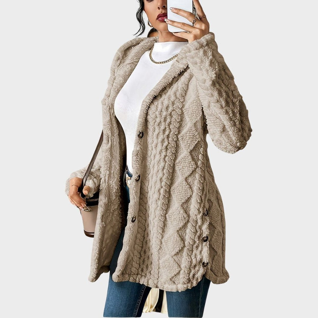 Damen Longline Cardigan mit Kapuze Plüsch Knopfleiste Oversized
