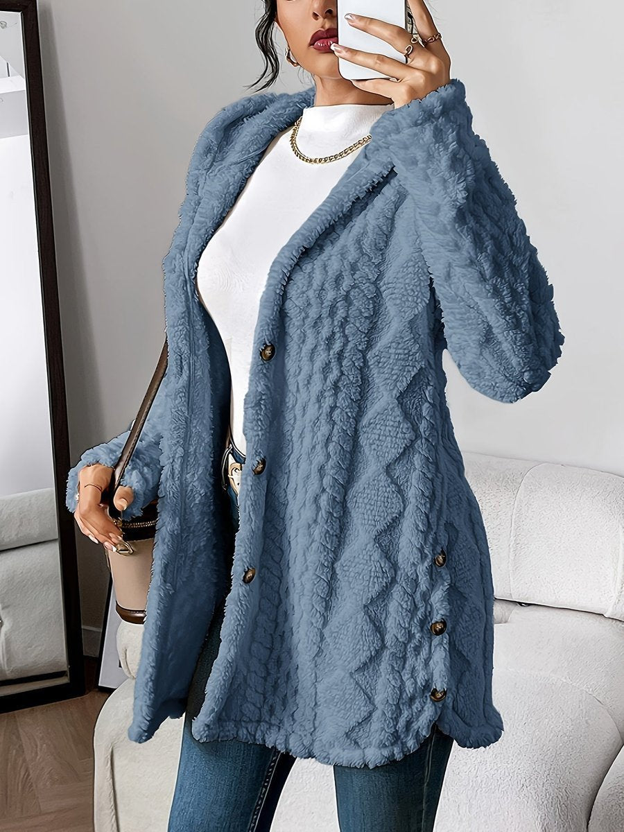 Damen Longline Cardigan mit Kapuze Plüsch Knopfleiste Oversized - Denimblau