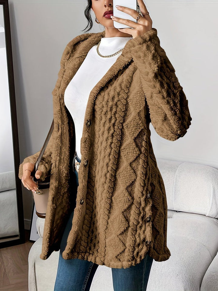 Damen Longline Cardigan mit Kapuze Plüsch Knopfleiste Oversized - Braun