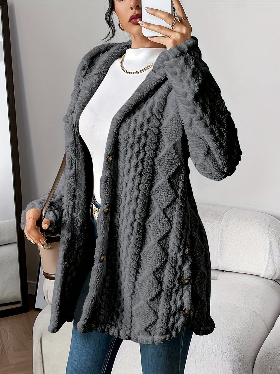 Damen Longline Cardigan mit Kapuze Plüsch Knopfleiste Oversized - Grau