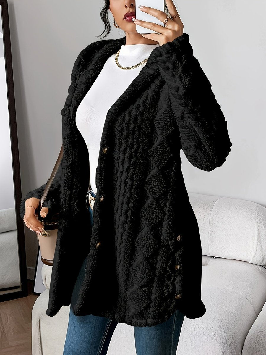 Damen Longline Cardigan mit Kapuze Plüsch Knopfleiste Oversized - Schwarz