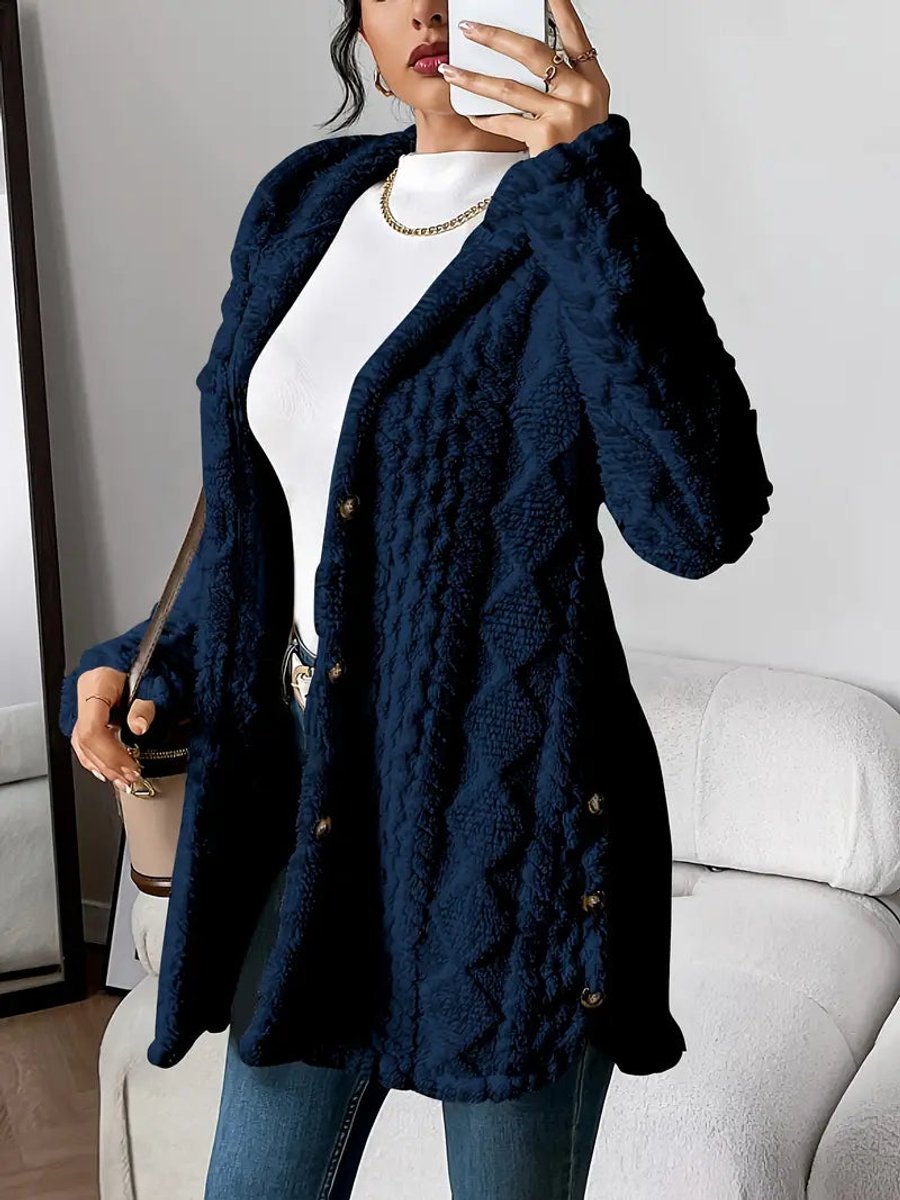 Damen Longline Cardigan mit Kapuze Plüsch Knopfleiste Oversized - Marineblau