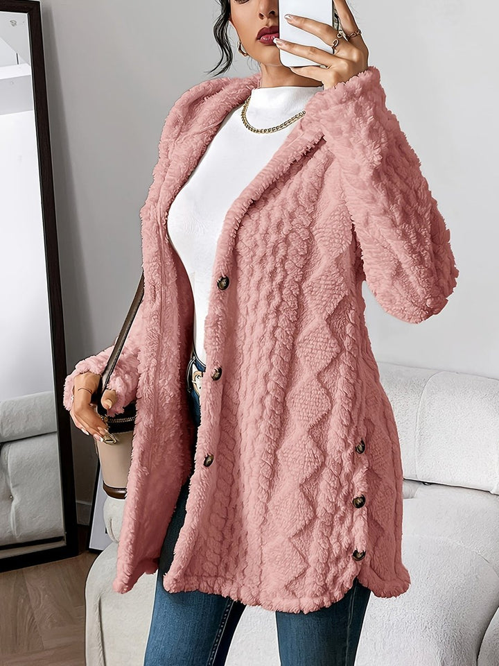 Damen Longline Cardigan mit Kapuze Plüsch Knopfleiste Oversized - Rosa