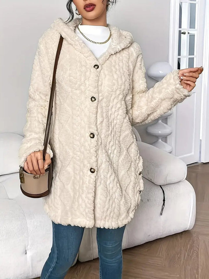 Damen Longline Cardigan mit Kapuze Plüsch Knopfleiste Oversized