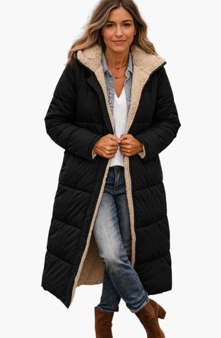 Damen Longline Puffer Jacke mit Teddyfutter und Kapuze - Schwarz