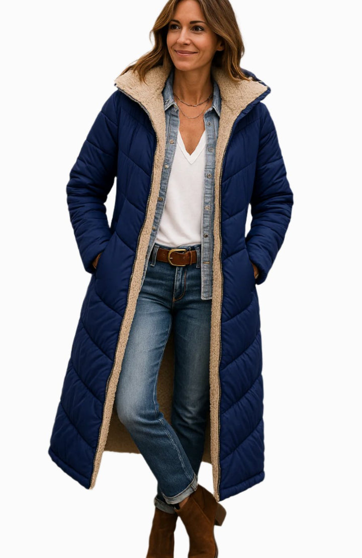 Damen Longline Puffer Jacke mit Teddyfutter und Kapuze - Marineblau