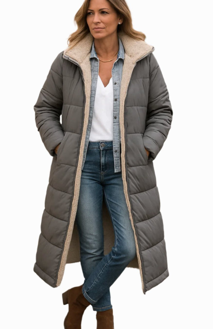 Damen Longline Puffer Jacke mit Teddyfutter und Kapuze - Grau