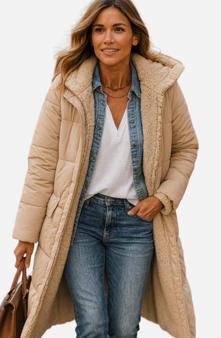 Damen Longline Puffer Jacke mit Teddyfutter und Kapuze - Beige