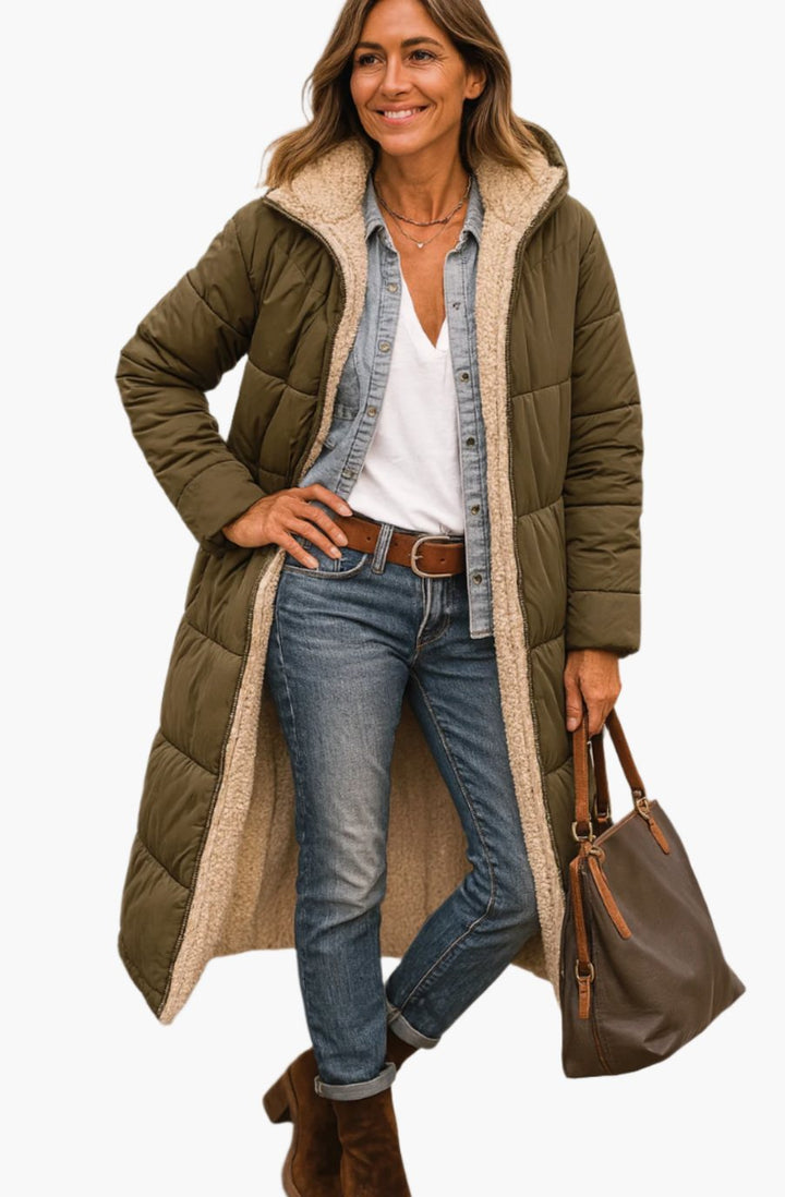 Damen Longline Puffer Jacke mit Teddyfutter und Kapuze - Armeegrün
