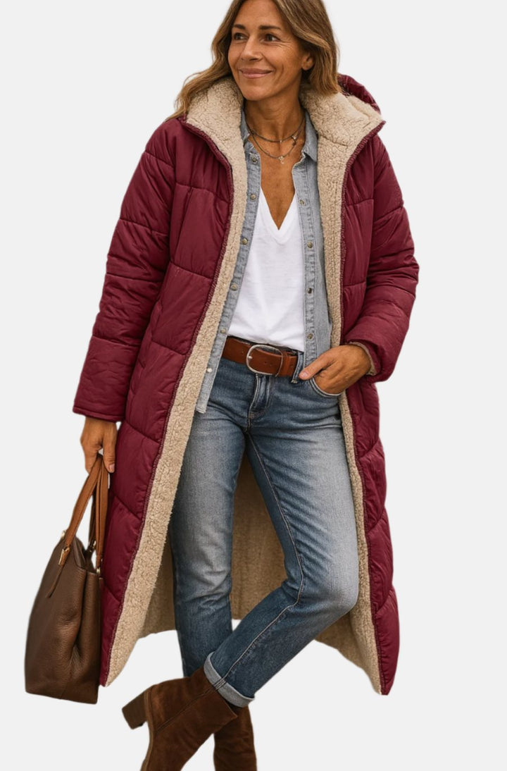 Damen Longline Puffer Jacke mit Teddyfutter und Kapuze - Weinrot