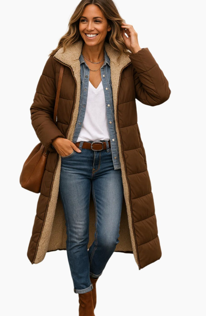 Damen Longline Puffer Jacke mit Teddyfutter und Kapuze - Braun