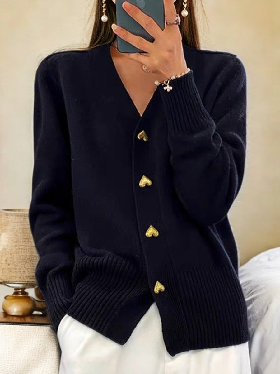 Damen Longline V-Ausschnitt Strick Cardigan mit Herzknöpfen - Schwarz
