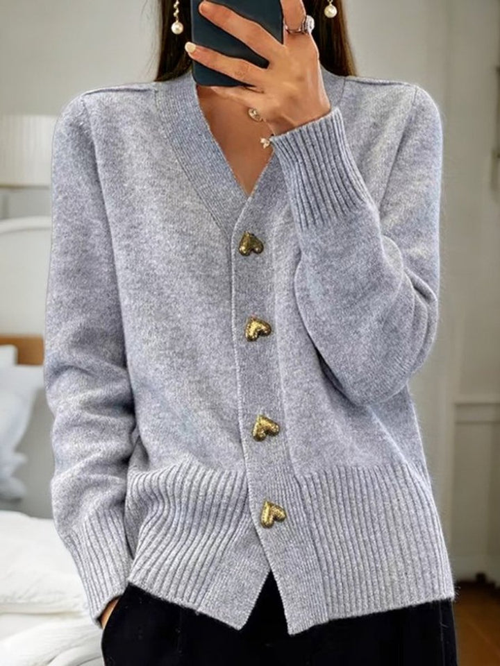 Damen Longline V-Ausschnitt Strick Cardigan mit Herzknöpfen - Grau
