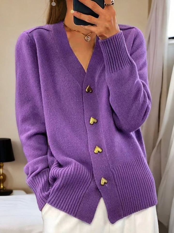 Damen Longline V-Ausschnitt Strick Cardigan mit Herzknöpfen - Lila