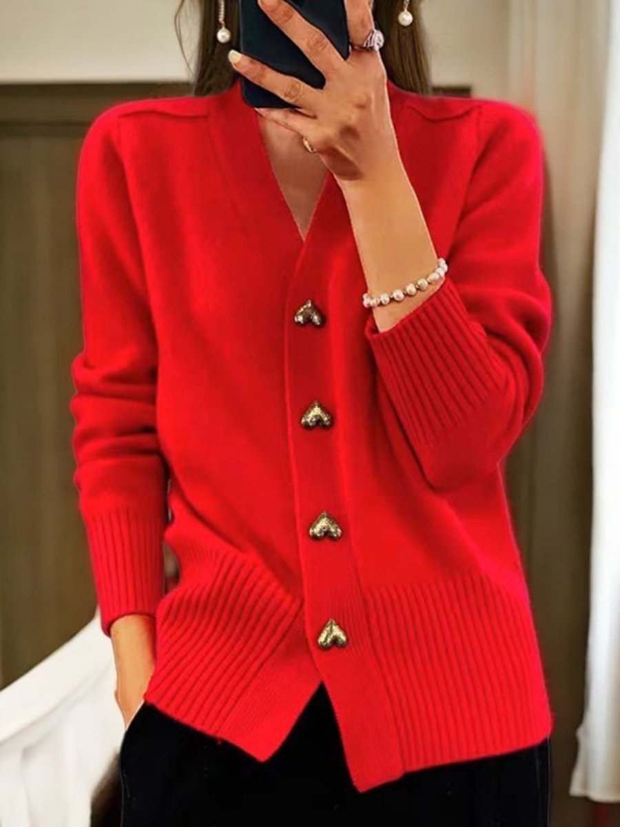 Damen Longline V-Ausschnitt Strick Cardigan mit Herzknöpfen - Rot