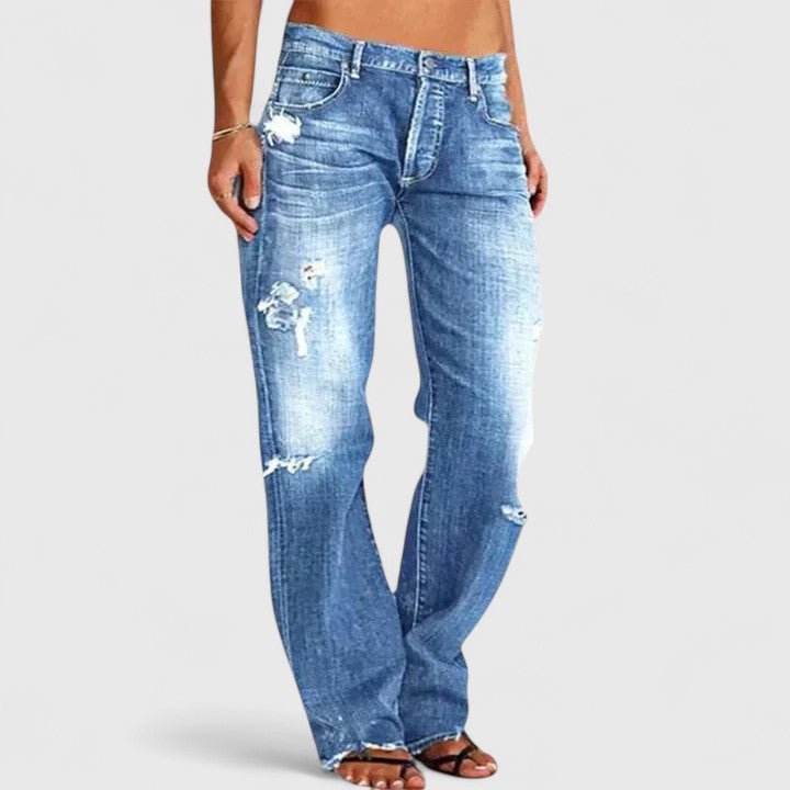 Damen Low Rise Destroyed Straight Leg Jeans - Blue