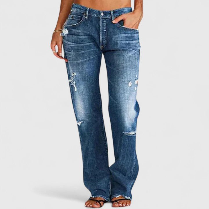 Damen Low Rise Destroyed Straight Leg Jeans - Dark Blue