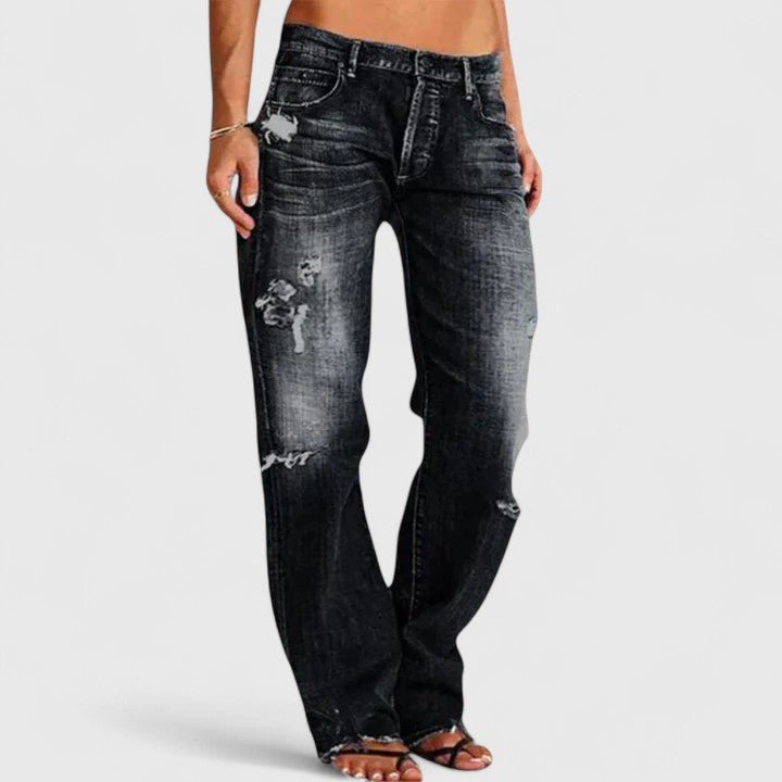 Damen Low Rise Destroyed Straight Leg Jeans - Black