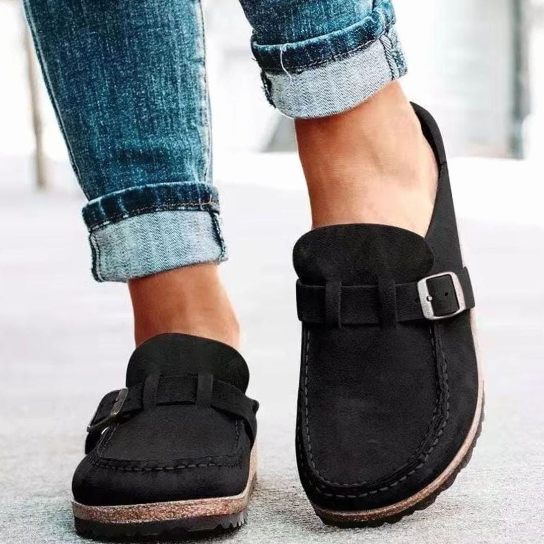Damen Lässige Slipper mit Schnalle Wildleder-Optik Korkfußbett - Schwarz