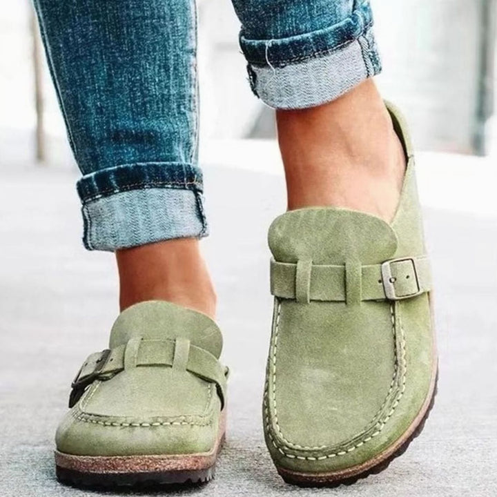 Damen Lässige Slipper mit Schnalle Wildleder-Optik Korkfußbett - Grün