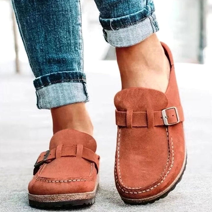 Damen Lässige Slipper mit Schnalle Wildleder-Optik Korkfußbett - Orange
