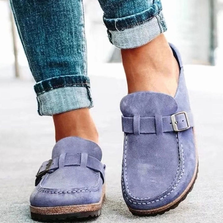 Damen Lässige Slipper mit Schnalle Wildleder-Optik Korkfußbett - Lila