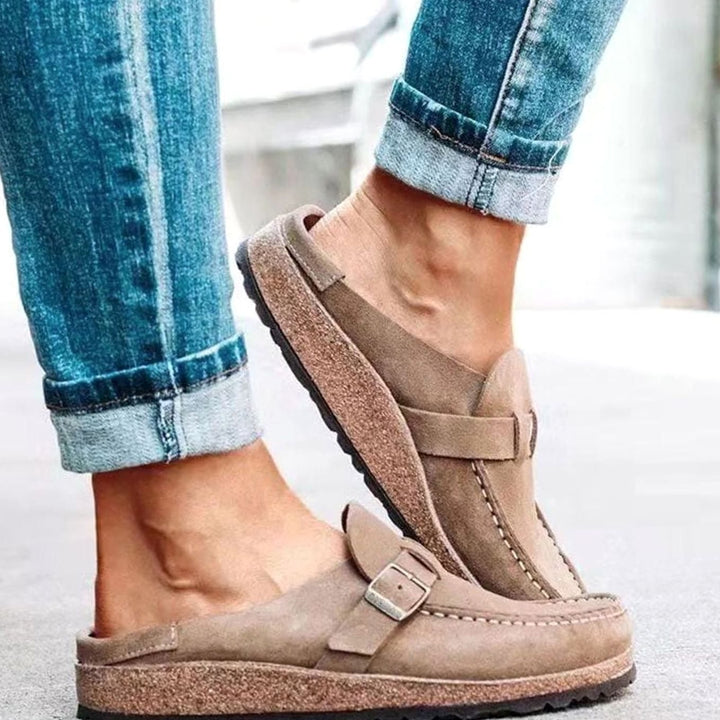 Damen Lässige Slipper mit Schnalle Wildleder-Optik Korkfußbett