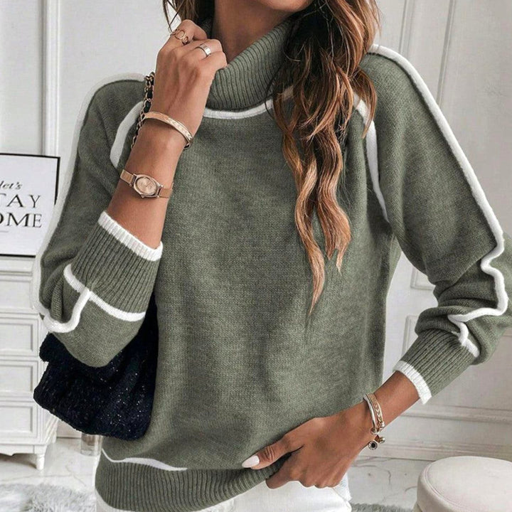 Damen Lässiger Frühlings-Strickpullover mit Rollkragen Kontraststreifen