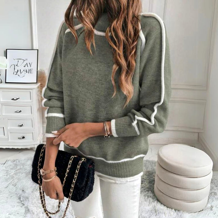 Damen Lässiger Frühlings-Strickpullover mit Rollkragen Kontraststreifen