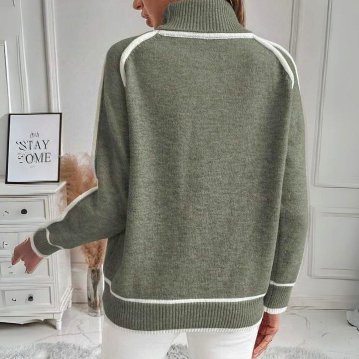 Damen Lässiger Frühlings-Strickpullover mit Rollkragen Kontraststreifen
